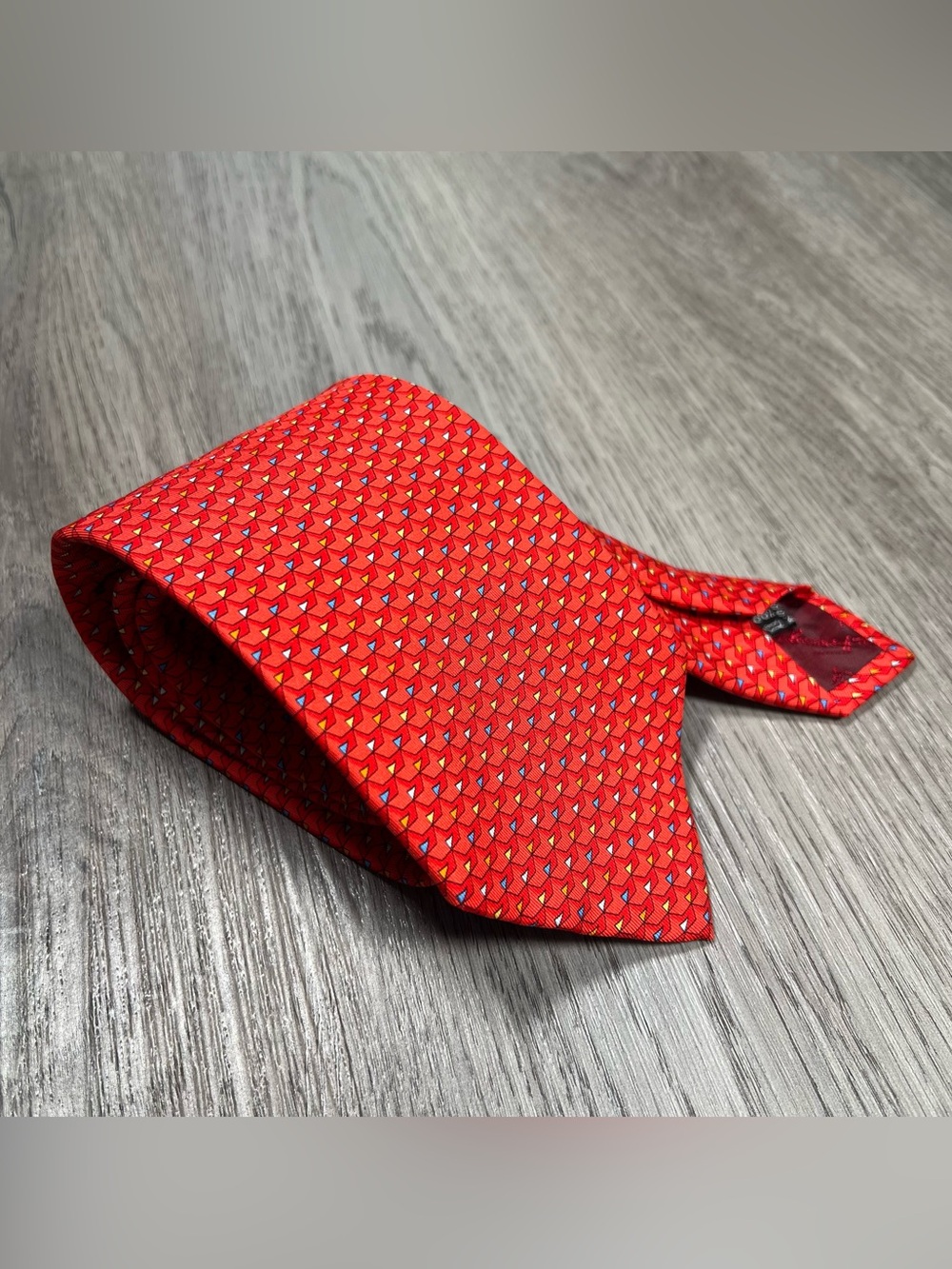 Salvatore Ferragamo Silk Designer Necktie Whimsical Boat Pattern Red Luxury Tie